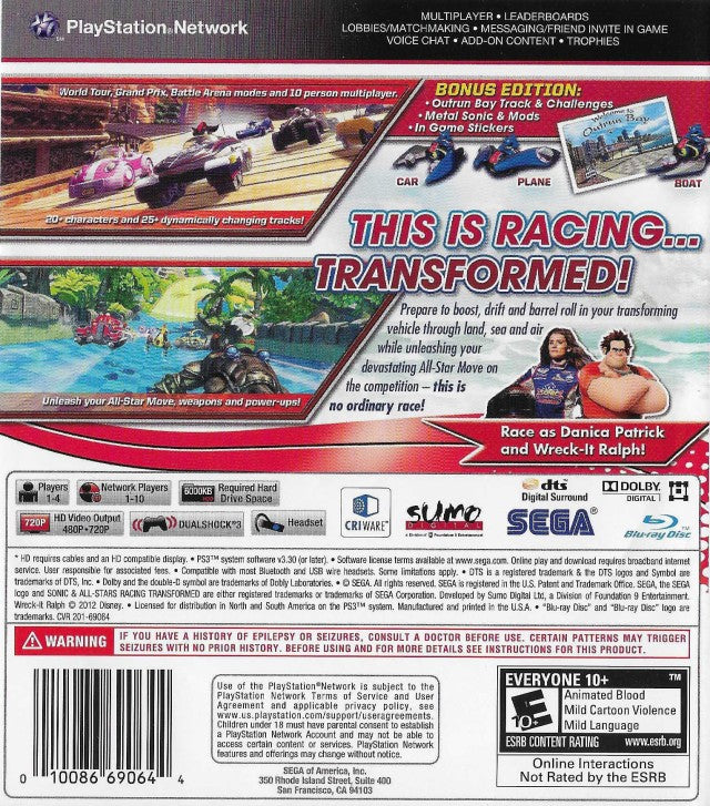 Sonic & All-Stars Racing Transformed (Bonus Edition) - (PS3) PlayStation 3 [Pre-Owned] Video Games Sega   