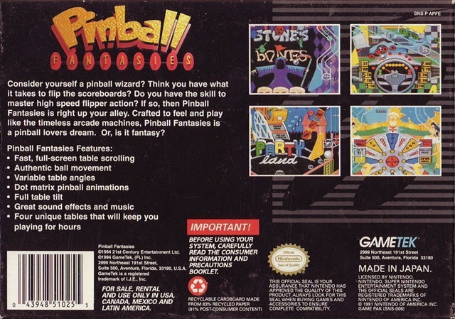 Pinball Fantasies - (SNES) Super Nintendo [Pre-Owned] Video Games GameTek   