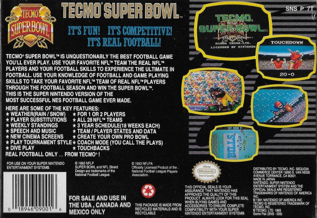 Tecmo Super Bowl - (SNES) Super Nintendo [Pre-Owned] Video Games Tecmo   