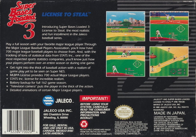 Super Bases Loaded 3: License to Steal - (SNES) Super Nintendo [Pre-Owned] Video Games Jaleco Entertainment   