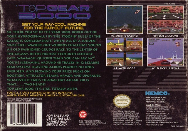 Top Gear 3000 - (SNES) Super Nintendo [Pre-Owned] Video Games Kemco   