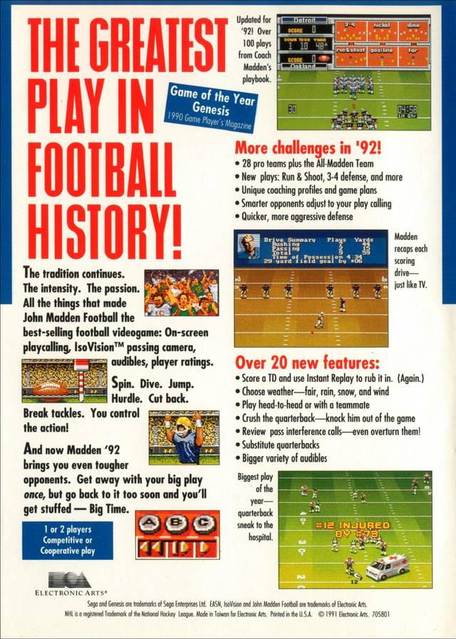 John Madden Football '92 - (SG) SEGA Genesis [Pre-Owned] Video Games Electronic Arts   