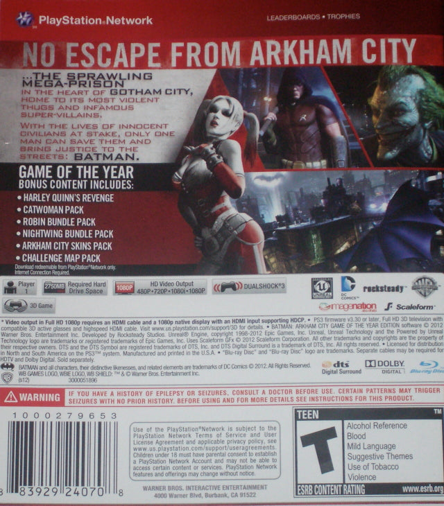 Batman: Arkham City - Game of the Year Edition (Greatest Hits) - (PS3) PlayStation 3 {Pre-Owned] Video Games Warner Bros. Interactive Entertainment   