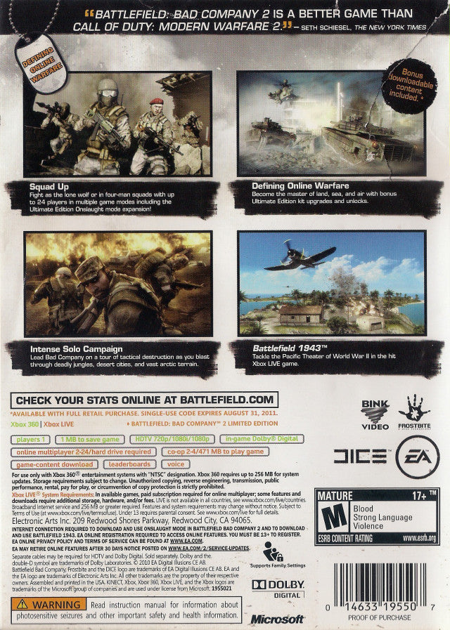 Battlefield: Bad Company 2 Ultimate Edition - Xbox 360 [Pre-Owned] Video Games Electronic Arts   