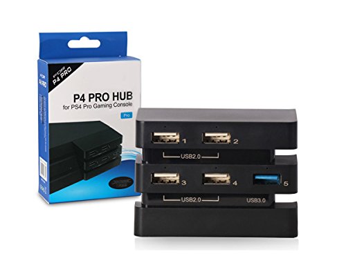 PS4 Pro USB Hub 3.0 USB Extension Adapter Splitter Charging Port (1x USB3.0 and 4X USB2.0) with LED ( Black Color)  - (PS4) Playstation 4 Accessories ElecGear   