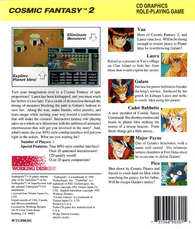 Cosmic Fantasy 2 - Turbo CD Video Games Working Designs   